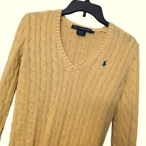 Vtg Ralph Lauren Sport Womens Yellow Cable Cotton V-Neck Sweater XS Pony Logo
